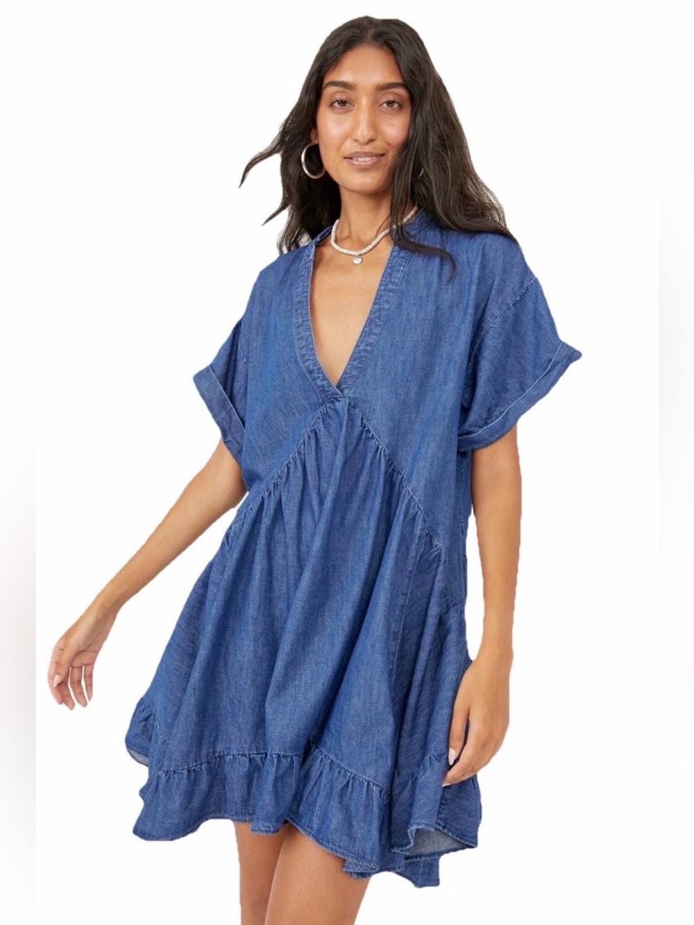 Free People Blue Agnes Ruffle Hem Denim Dress Small